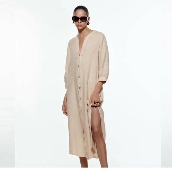 ZARA BEIGE SAND 100% LINEN MIDI SHIRT DRESS POCKETS SIZE XS - Picture 1 of 11